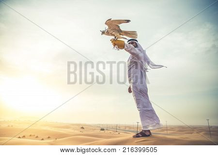 Arabian man walking in the desert at sunrise