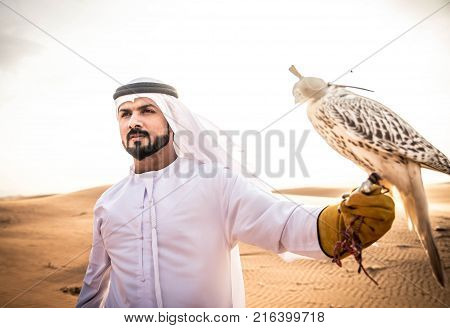 Arabian man walking in the desert at sunrise
