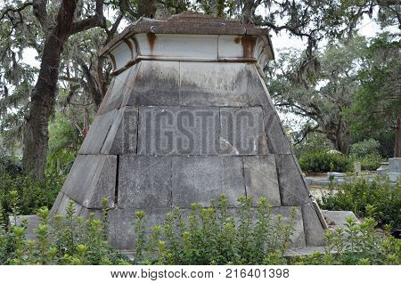 THUNDERBOLT, GA - October 8, 2017 An Egyptian pyramid tomb stands out in the historic Bonaventure Cemetery.