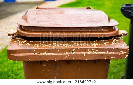 brown trash can