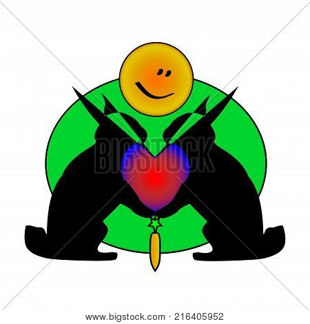 Cute cartoon. Black rabbits divided heart. Abstractia with carrots