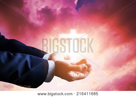 Human hands open palm up worship. Eucharist Therapy Bless God Helping Repent Catholic Easter Lent Mind Pray. Christian Religion concept background. fighting and victory for god
