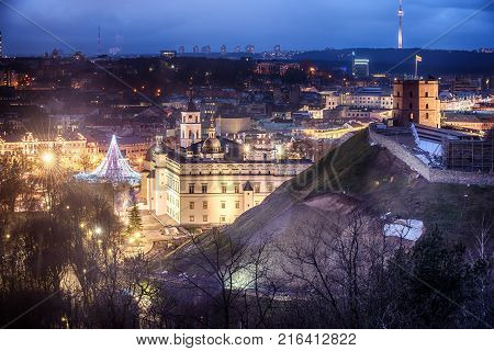 Vilnius, Lithuania: Christmas tree and decorations in Cathedral Square, aerial top view