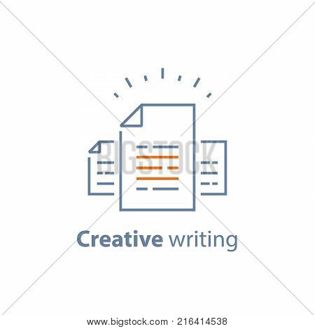 Contract terms and conditions, document paper, creative writing, storytelling concept, read brief summary, assignment, vector line icon, thin stroke illustration