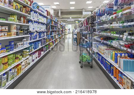 Toronto Canada - Oct 21 2017: Aisle in a large pharmacy and drug store in the city of Toronto Canada