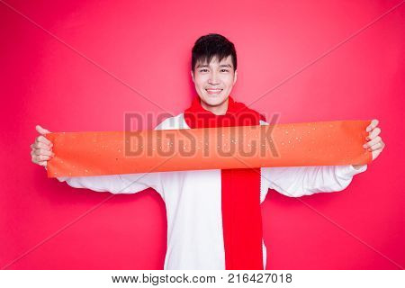 man show couplets with chinese new year on red background