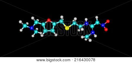 Ranitidine is a medication that decreases stomach acid production. It is commonly used in treatment of peptic ulcer disease gastroesophageal reflux disease. 3d illustration