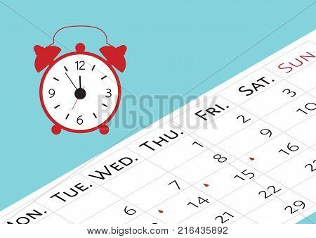 The calendar with the menstrual days marks. Vector illustration of blood period calendar with blood drops and clocks. Menstruation period pain protection. Feminine hygiene monthlies rainy days