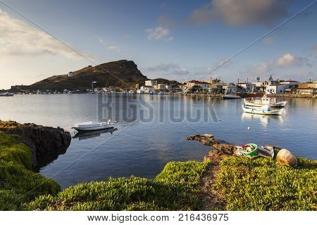 PSARA, GREECE - NOVEMBER 9, 2017: Morning view of Psara village and its harbour on November 9, 2017.