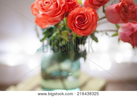 Luxury bouquet made of red roses in flower shop Valentines Bouquet of red roses. Close-up.
