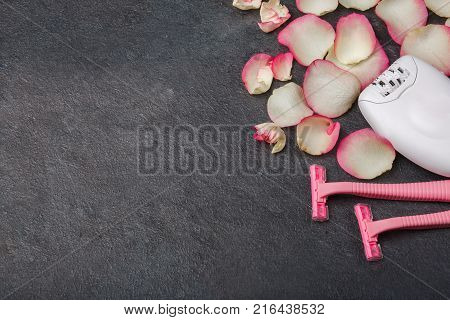 A female epilator and pink disposable razors lie near the pink rose petals, on a gray background. Hair removal, free space for text.