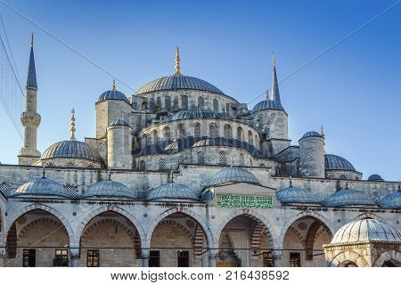 The Sultan Ahmed Mosque known as the Blue Mosque is an historic mosque in Istanbul Turkey. View from inner courtyard.