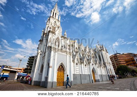CALI, COLOMBIA - JUNE 11: Unidentified people walk past the gothic La Ermita Church in Cali, Colombia on June 11, 2016.