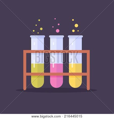 Laboratory glass flasks and test tubes with colored liquid. Experiments in lessons of chemistry and biology. Concept of education. Vector illustration on dark background. Flat style design.