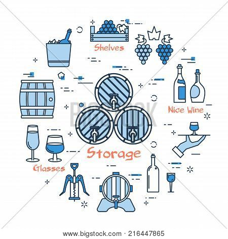 Vector linear blue round concept of Wine Storage. Thin line icons of barrel, glasses, bottles, shelves and wine production. Modern web banner on white background
