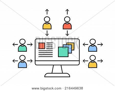 Vector linear concept of social network takeover. Monitor with photos and loking users. Attracting customers through the Internet