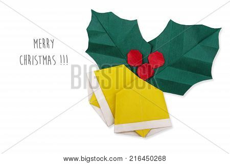 Merry Christmas text with origami bells on a white background