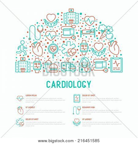 Cardiology concept in half circle with thin line icons set: cardiologist, stethoscope, hospital, pulsometer, cardiogram, heartbeat. Modern vector illustration for banner, web page, print media.