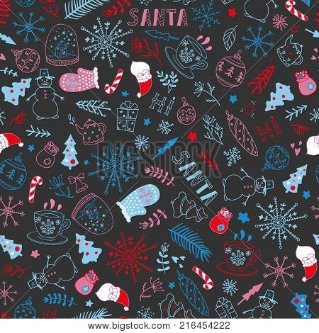 Seamless christmas pattern with Santa Claus, snow globe, candy cane, fir-tree, snoflakes, gift boxes, gloves etc. Stock vector