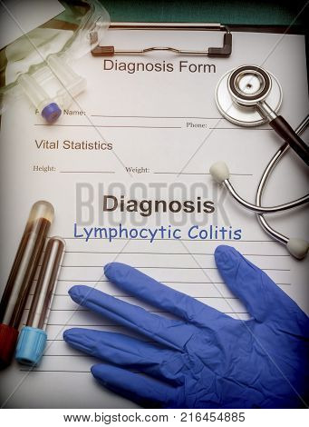 Diagnostic form, Lymphocytic Colitis, Vial of blood samples and Medicine in a hospital, conceptual image