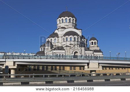 View of the temple Holy Face of Christ the Savior from the highway  in Sochi, Adler, Krasnodarskay region, Russia