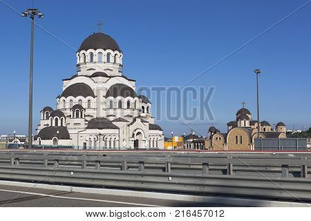 Temple of Holy Face of Christ the Redeemer, view from the highway  in Sochi, Adler, Krasnodarskay region, Russia