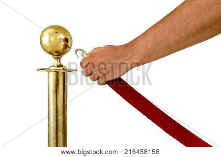 Red tape mobile fences in front of the entrance isolated on white background