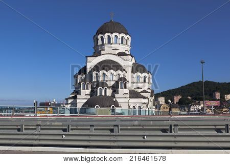 Adler, Sochi, Krasnodar region, Russia - July 9, 2016: View of the Church of the Savior from the highway A-147 in Sochi