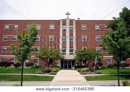 JOLIET, ILLINOIS / UNITED STATES - JULY 26, 2017: The University of Saint Francis Security Department is in Tower Hall.