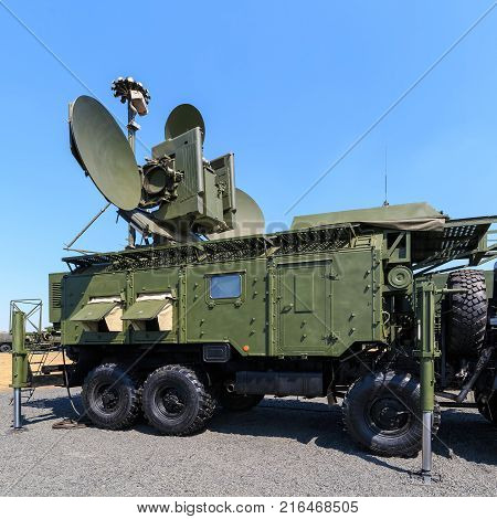 KADAMOVSKIY TRAINING GROUND ROSTOV REGION RUSSIA 26 AUGUST 2017: International military technical forum «ARMY-2017». The Russian modern ground-based multifunctional electronic jamming module RB-271A Krasukha-4