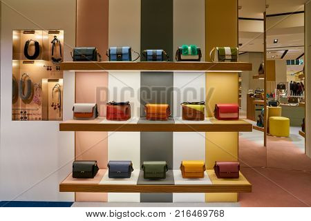 ROME, ITALY - CIRCA NOVEMBER, 2017: Marni bags sit on display at a second flagship store of Rinascente in Rome.