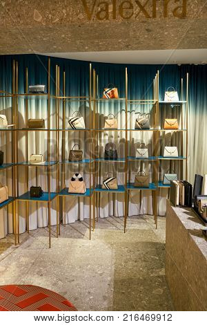 ROME, ITALY - CIRCA NOVEMBER, 2017: Valextra bags on display at a second flagship store of Rinascente in Rome.