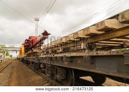Railway tracklayers ready to lay the rails. Stop before starting work
