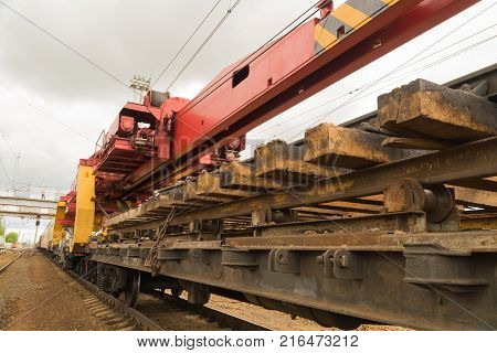 Railway tracklayers ready to lay the rails. Stop before starting work