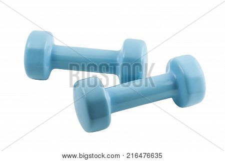 pair of light blue dumbbells for fitness isolated