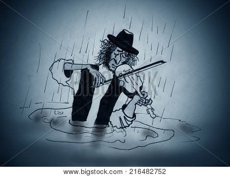 The wandering violinist plays the violin in the rain