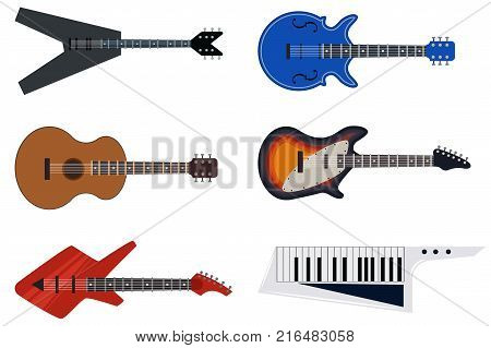 Classical acoustic and retro electric guitars. Vector set of flat icons of musical instruments isolated on white background.