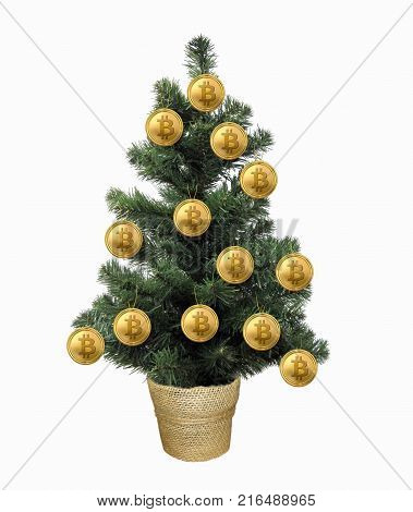 The Christmas tree decorated with gold bitcoins is in a wicker pot. White background.