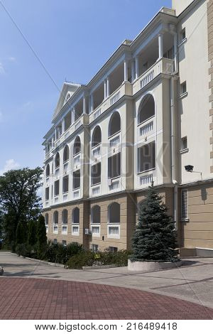 Dederkoy, Tuapse District, Krasnodar Region, Russia - July 14, 2013: Facade of residential housing in the resort Green Guy