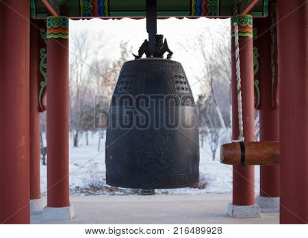 Buddhist temple bells. Ring bell. Colorful korean style.