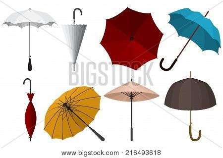 Umbrellas set: for protection from rain and sun Chinese red white blue yellow top view open and close. Vector collection of flat icons isolated on background.