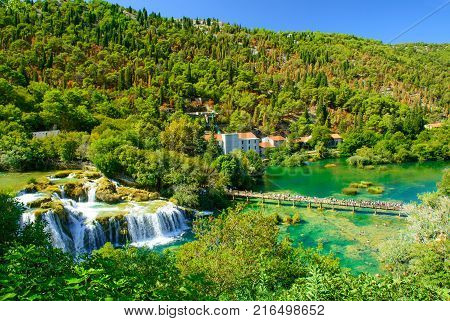 Waterfalls Krka National Park in Dalmatia region Croatia. aerial view