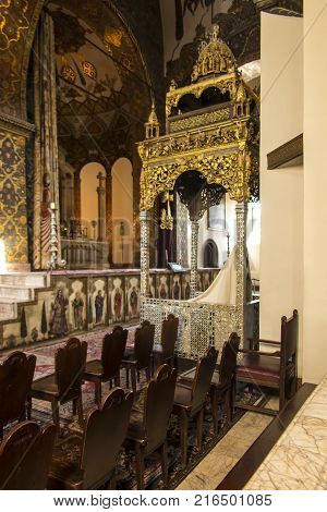 VAGHARSHAPAT ARMENIA - SEPTEMBER 17 2017: Inside one of the oldest Etchmiadzin Cathedrals in the world. It has unique architectural style and design. Catedral and Altar