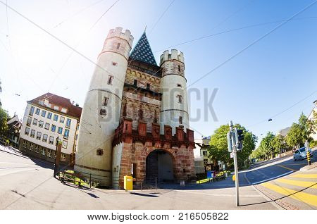 Scenic view picture of Spalentor gate in the ancient city walls of Basel, Switzerland