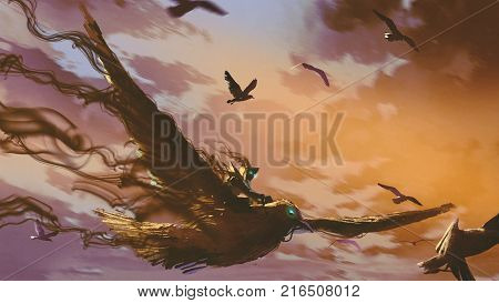 man on the giant bird flying in the evening sky, digital art style, illustration painting