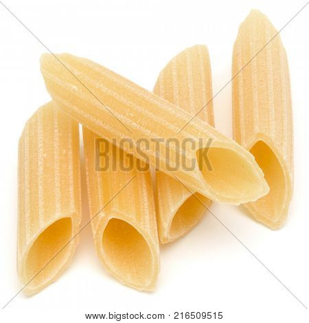 Italian pasta isolated on white background. Pennoni. Penne rigate.