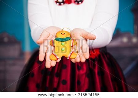 Little girl with beautiful Christmas dress holding gingerbred cookie - Christmas concept