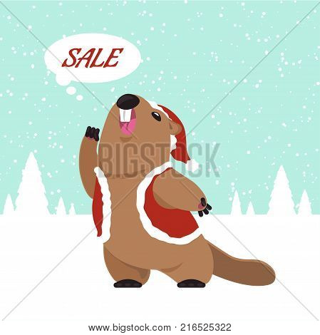 Postcard Vector groundhog screams out slogan. Funny groundhog predicts that will soon sale