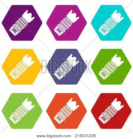 Interchangeable lens for camera icon set many color hexahedron isolated on white vector illustration