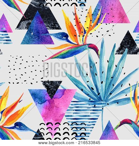 Abstract tropical summer design seamless pattern. Watercolor exotic flowers leaves textures doodles in minimal style. Water color geometric and natural background. Hand painted art illustration